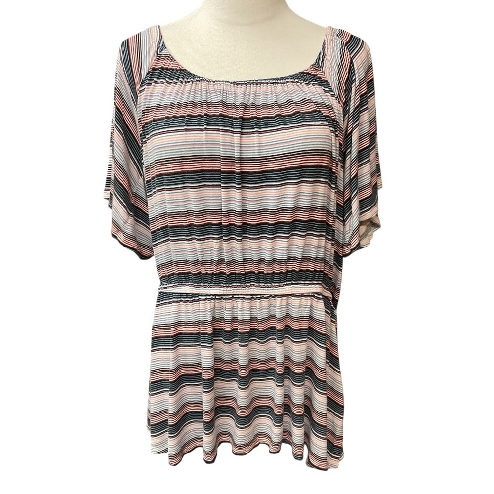 Lane Bryant Stripe Print Short Sleeve Scoop Neck Elastic Waist Blouse Sz 18 / 20